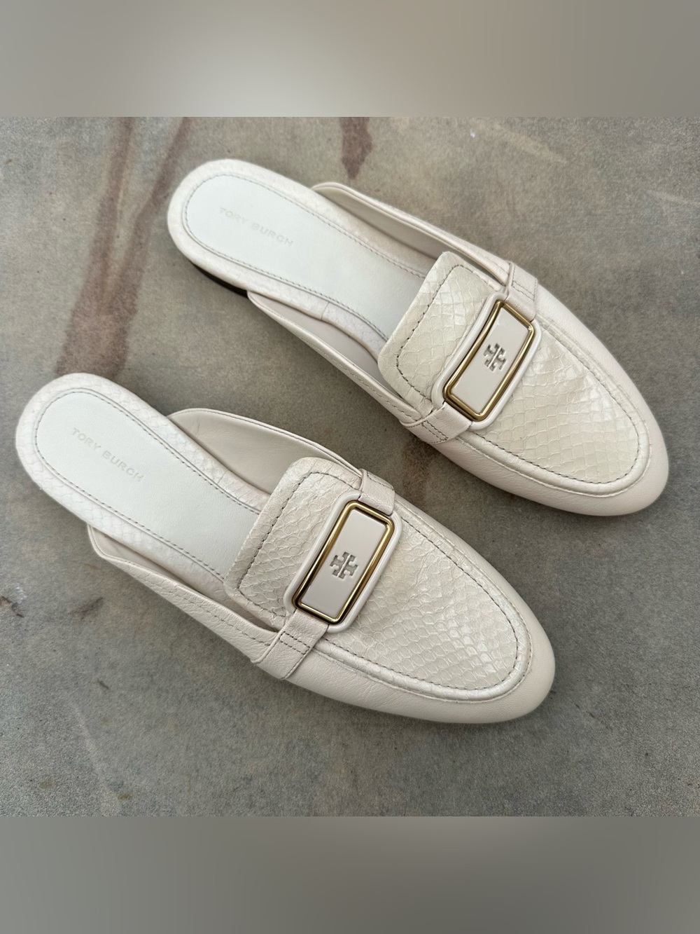 Tory Burch Georgia Backless Loafer Mules Cream Snake Embossed Logo Buckle NEW 10